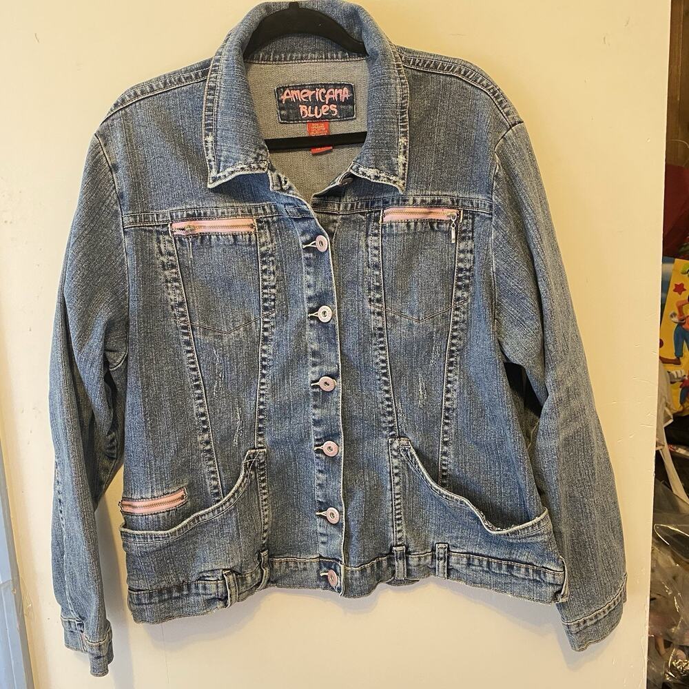 Y2K Women 1X Americana Blue Jean Denim Jacket Button Up Zip Pocket Truck Bikers